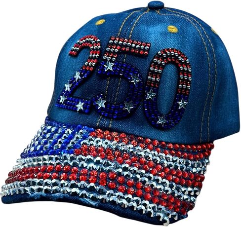Rhinestone Denim Baseball Cap, Patriotic American Flag Bejeweled Brim, Crystal Star Embellished Hat, 100% Cotton, US 250th Anniversary, Red White Blue in Saudi Arabia