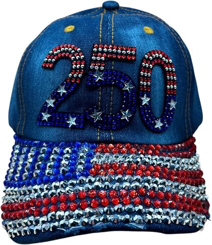 Rhinestone Denim Baseball Cap, Patriotic American Flag Bejeweled Brim, Crystal Star Embellished Hat, 100% Cotton, US 250th Anniversary, Red White Blue in Saudi Arabia