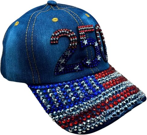 Rhinestone Denim Baseball Cap, Patriotic American Flag Bejeweled Brim, Crystal Star Embellished Hat, 100% Cotton, US 250th Anniversary, Red White Blue in Saudi Arabia