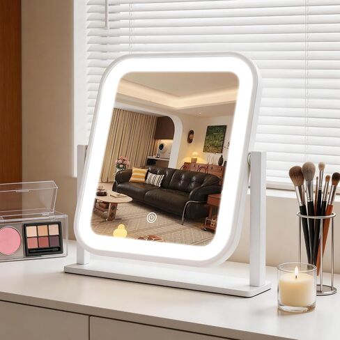 Rechargeable Vanity Mirror with Lights, 1500mAH, 10"×9" Makeup Mirror with Lights, Smart Touch with 3-Color Lighting, 360° Rotation, Portable LED Desk Mirror, Bedroom (White) in Saudi Arabia