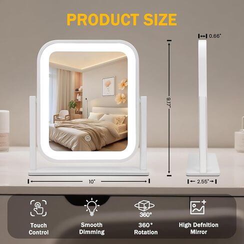 Rechargeable Vanity Mirror with Lights, 1500mAH, 10"×9" Makeup Mirror with Lights, Smart Touch with 3-Color Lighting, 360° Rotation, Portable LED Desk Mirror, Bedroom (White) in Saudi Arabia