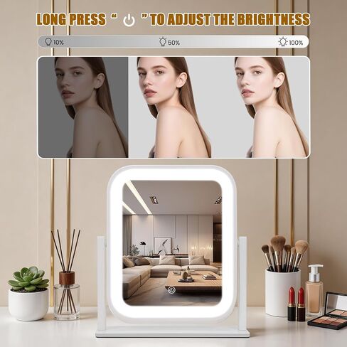 Rechargeable Vanity Mirror with Lights, 1500mAH, 10"×9" Makeup Mirror with Lights, Smart Touch with 3-Color Lighting, 360° Rotation, Portable LED Desk Mirror, Bedroom (White) in Saudi Arabia