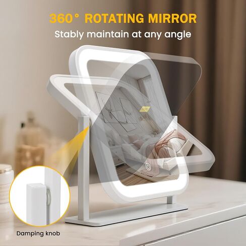Rechargeable Vanity Mirror with Lights, 1500mAH, 10"×9" Makeup Mirror with Lights, Smart Touch with 3-Color Lighting, 360° Rotation, Portable LED Desk Mirror, Bedroom (White) in Saudi Arabia
