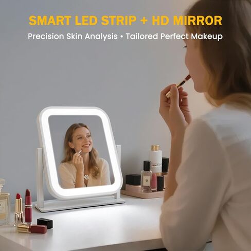 Rechargeable Vanity Mirror with Lights, 1500mAH, 10"×9" Makeup Mirror with Lights, Smart Touch with 3-Color Lighting, 360° Rotation, Portable LED Desk Mirror, Bedroom (White) in Saudi Arabia