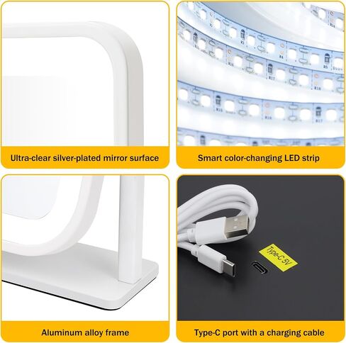 Rechargeable Vanity Mirror with Lights, 1500mAH, 10"×9" Makeup Mirror with Lights, Smart Touch with 3-Color Lighting, 360° Rotation, Portable LED Desk Mirror, Bedroom (White) in Saudi Arabia