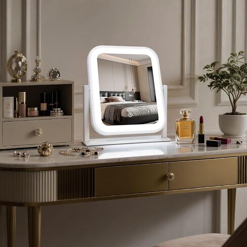 Rechargeable Vanity Mirror with Lights, 1500mAH, 10"×9" Makeup Mirror with Lights, Smart Touch with 3-Color Lighting, 360° Rotation, Portable LED Desk Mirror, Bedroom (White) in Saudi Arabia