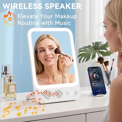 Auxmir Lighted Makeup Mirror with Built-in Audio Speaker, 3 Color & Dimmable Brightness Vanity Mirror, 4000mAh Rechargeable 190° Adjustable Mirror, Foldable Portable Mirror for Tabletop/Hanging in Saudi Arabia