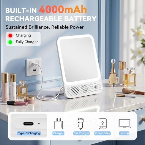 Auxmir Lighted Makeup Mirror with Built-in Audio Speaker, 3 Color & Dimmable Brightness Vanity Mirror, 4000mAh Rechargeable 190° Adjustable Mirror, Foldable Portable Mirror for Tabletop/Hanging in Saudi Arabia