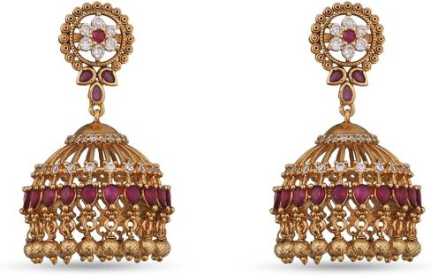أقراط TARINIKA Mahi العتيقة المطلية بالذهب Jhumka للنساء - مجوهرات هندية تقليدية بأحجار الزركونيا المكعبة وتصميم الأزهار المخرمة in Kuwait