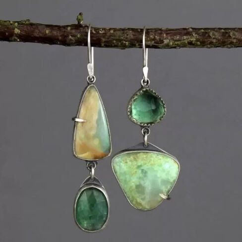 Asymmetrical Natural Stone Earrings for Women, Boho Vintage Moss Agate Green Irregular Geometric Statement Dangle Drop Trendy Jewelry Gift in Saudi Arabia