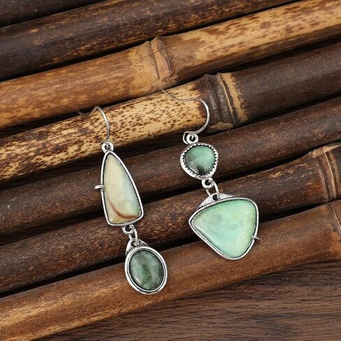 Asymmetrical Natural Stone Earrings for Women, Boho Vintage Moss Agate Green Irregular Geometric Statement Dangle Drop Trendy Jewelry Gift in Saudi Arabia
