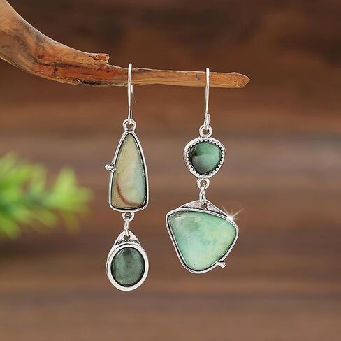 Asymmetrical Natural Stone Earrings for Women, Boho Vintage Moss Agate Green Irregular Geometric Statement Dangle Drop Trendy Jewelry Gift in Saudi Arabia