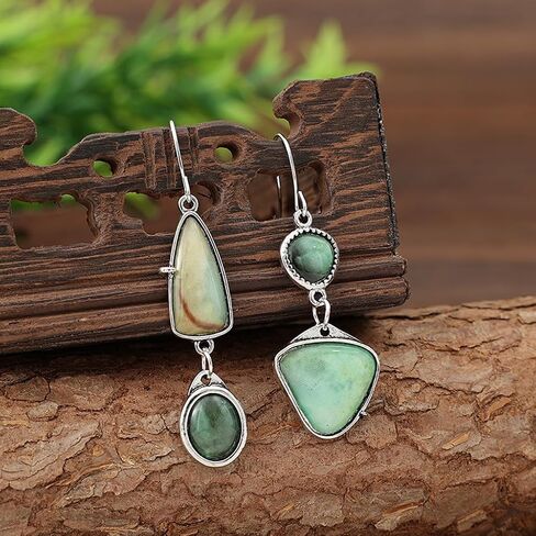 Asymmetrical Natural Stone Earrings for Women, Boho Vintage Moss Agate Green Irregular Geometric Statement Dangle Drop Trendy Jewelry Gift in Saudi Arabia