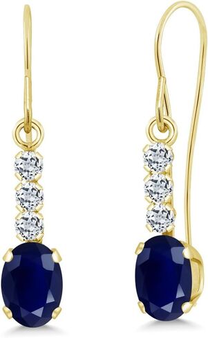Gem Stone King 10K Yellow Gold Blue Sapphire and White Topaz Drop Dangle Earrings For Women | 1.34 Cttw | Gemstone September Birthstone | Oval 6X4MM in Saudi Arabia