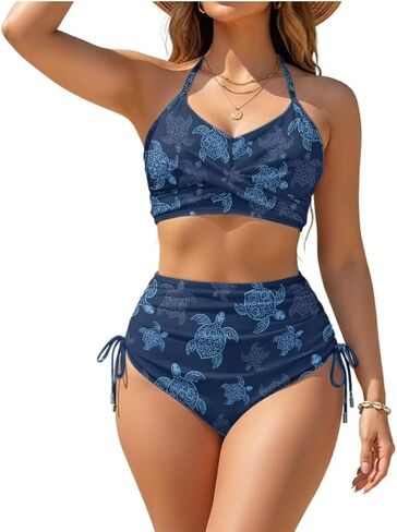 Women's Sexy Bathing Suit, Removable Pads Cross Back Bikini Top Drawstring Pleated Bottom Set for Beach Party in Saudi Arabia