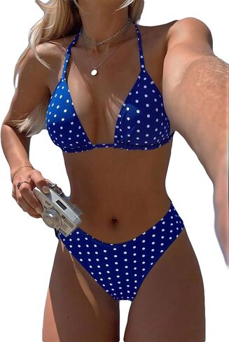 Women's Dots Print Halter Bathing Suit High Waisted Summer Bikini Set in Saudi Arabia