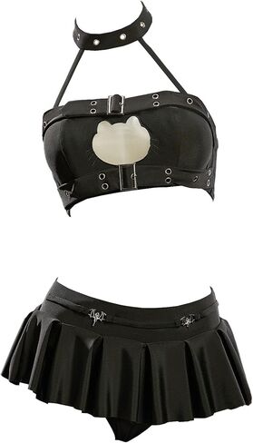 MEOWCOS Gothic Bikini Swimsuit Goth Hollow Halter Bikini Set Beach Pool Bathing Suit with Pleated Skirt Bottom in Kuwait