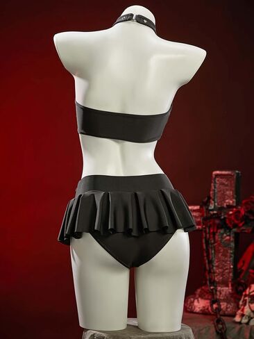 MEOWCOS Gothic Bikini Swimsuit Goth Hollow Halter Bikini Set Beach Pool Bathing Suit with Pleated Skirt Bottom in Kuwait