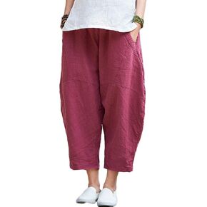 LUZU JUNU Womens Summer Cotton Linen Cropped Capri Trouser Casual Loose Wide Leg Baggy Pants in Saudi Arabia