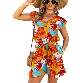 VERABENDI Women’s Tropical Romper Vacation Outfit – V Neck Flutter Sleeve Tie Waist Beach Romper for Cruise, Resort & Island in Saudi Arabia