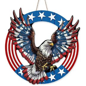 4th of July Patriotic Bald Eagle Front Door Sign, America Stars Stripes Wood Plaque Hanger Outdoor Outside Porch Home Decor, American USA Farmhouse Wooden Wreath Indoor Wall Hanging Decoration in Kuwait