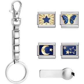 GEMOSA Italian Charm Keychain Set for Women Men – Modular Stainless Steel Key Ring with 4 Charms (Butterfly, Moon, Star) & Opener, Fits 9mm Links, Gift DIY Kit in Kuwait