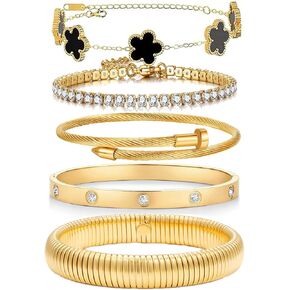 18 K Gold Plated Bangle Bracelet,5-Piece Floral Tennis Bracelet Collection with Crystal Rhinestones,Watch Band Chains Wristband Jewelry,Christmas Valentines Birthday Gifts. in Saudi Arabia