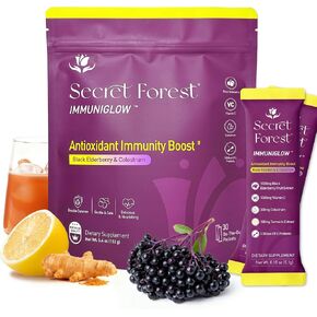 Secret Forest ImmuniGlow، 1000 ملغ فيتامين C، 1000 ملغ من نبات البلسان الأسود، البروبيوتيك، اللبأ، الكركم والزنك - تركيبة مضادة للأكسدة والتعافي، مزيج مشروبات دعم المناعة اليومية ودعم الأمعاء (30 عبوة) in Kuwait