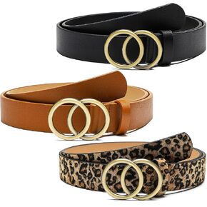 3 Pack Women Leather Belts - for Jeans Dress Pants Fashion Faux Leather Waist Belts with Double Ring Buckle (Black, Brown, Leopard) in Saudi Arabia