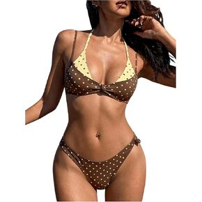BEAUDRM Women's 2 Piece Bikini Sets Cheeky Polka Dots Double Layer Triangle Halter String Bathing Suit Summer Swimsuits in Kuwait