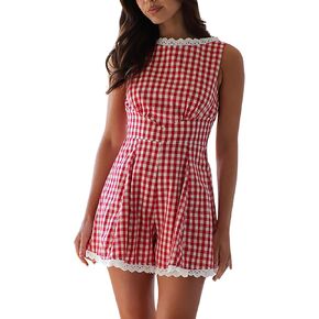 CORIRESHA Women's Elegant Lace Trim Plaid Printed Sleeveless Shorts Jumpsuit Gingham Romper in Kuwait