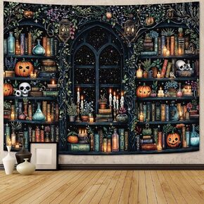 Fungarth Witchy Library Bookshelf Tapestry Wall Hanging Magic Potions Skulls Pumpkins Wall Tapestry Aesthetic Dark Academia Black Window Tapestries for Bedroom Living Room Dorm Decor 80 x 60 Inch in Saudi Arabia
