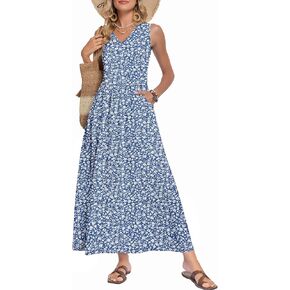 WNEEDU Women's Summer Maxi Dress 2026 Casual Sleeveless V Neck Flowy Elastic Waist Beach Vacation Sundress with Pockets in Saudi Arabia