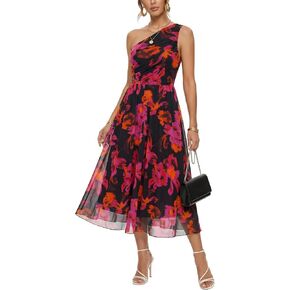 One Shoulder Midi Floral Dresses for Women Sleeveless Asymmetric Rouched Mesh Knit Dresses for Summer Fall in Saudi Arabia
