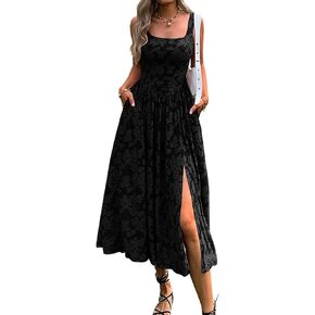 Mieazom Women's Summer Floral Boho Flowy Slit Maxi Dress Square Neck Drop Waist Beach Vacation Long Sundress with Pockets in Saudi Arabia