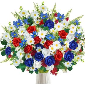 4 Bundles Patriotic Artificial Flowers, 4th of July Red White and Blue Flowers Patriotic Silk Rose Floral Arrangement for 4th of July Decorations Memorial Day Home Centerpieces in Saudi Arabia