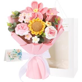 Crocheted Bouquet, Handmade Knitted Flowers，Tulips, Sunflowers Roses Crochet Flowers Suitable for Valentine's Day Teacher's Day Anniversary Birthday Parties Mother's Day Graduation Gifts (Pink) in Saudi Arabia