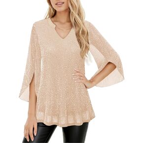 Womens 3/4 Sleeve Sparkly Tops, Dressy Casual Mesh Glitter Tunic Top Double Layered V Neck Loose Blouses in Saudi Arabia