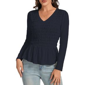 Long Sleeve Shirts for Women V Neck Casual Ruffle Fitted Elastic Blouses Lightweight Tops Women's Work Dress Shirts in Saudi Arabia