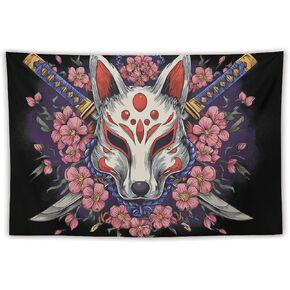 JYOUQOC Fox Kitsune Mask Katana Cherry Blossoms Tapestry Flag Backdrop Wall Hanging Large Wall Art Decor for Dorm Office Bedroom Living Room 40"×60" in Saudi Arabia