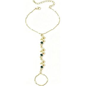 Gold Leaf Hand Chain for Women Pearl Ring Bracelets Hand Chain Dainty Green zircon Ring Bracelets Hand Chain Summer Trendy Jewelry Accessories in Saudi Arabia