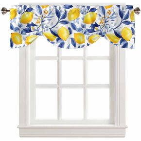 Spring Summer Pastoral Lemon on White Tie Up Valance Curtains, Navy Blue Leaves Kitchen Light Filtering Window Treatments with 3-inch Rod Pocket for Living Room,Bedroom,54x18In in Saudi Arabia