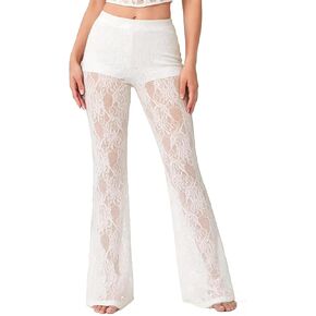Women's Mesh Sheer Floral Lace Flare High Waist Long Trousers Pants in Saudi Arabia