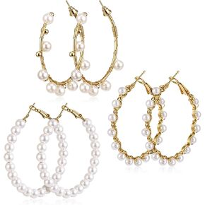 3 Pairs Large Pearl Hoops Drop Earrings Pearl Hoop Earrings for Women Dangle Gifts for Women White Hoops Jewelry in Saudi Arabia