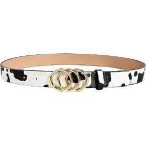 Cow Print Belt, Cowhide Belt with Three-Ring Snap Closure, 2.8cm Wide Animal Print Fashion Accessory, White Base with Black Cows Pattern Design, Adjustable Western Style Belts in Saudi Arabia