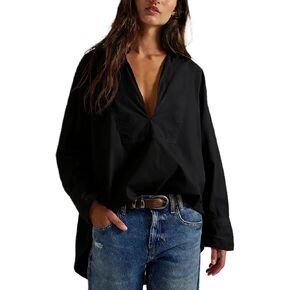 Women's V Neck Blouses Casual Long Sleeve Shirt Tops Loose Fashion Cotton Summer Blouses Pullover Tunic Tops in Saudi Arabia