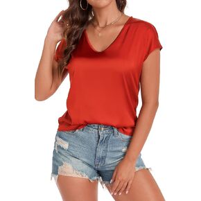 Wantschun Womens Silk Satin Shirt Cap Short Sleeve Blouse Basic V-Neck Summer Business Casual Tops in Saudi Arabia