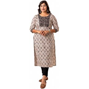 Women’s Cotton Kurti | Cream Indian Tunic Top with Floral Print | Straight Kurta with 3/4 Sleeves in Saudi Arabia