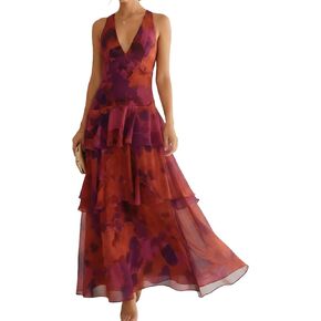 Women’s Floral Deep V Neck Maxi Dress Sleeveless Open Back Tiered Flowy Summer Dresses for Vacation Beach in Saudi Arabia