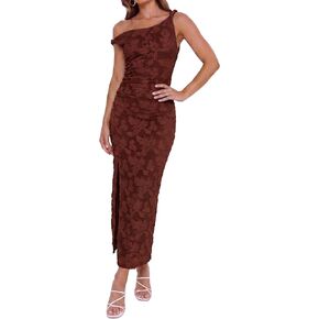 Women's Floral One Shoulder Wedding Guest Midi Dress Ruched Bodycon Sexy Long Cocktail Party Dresses in Saudi Arabia